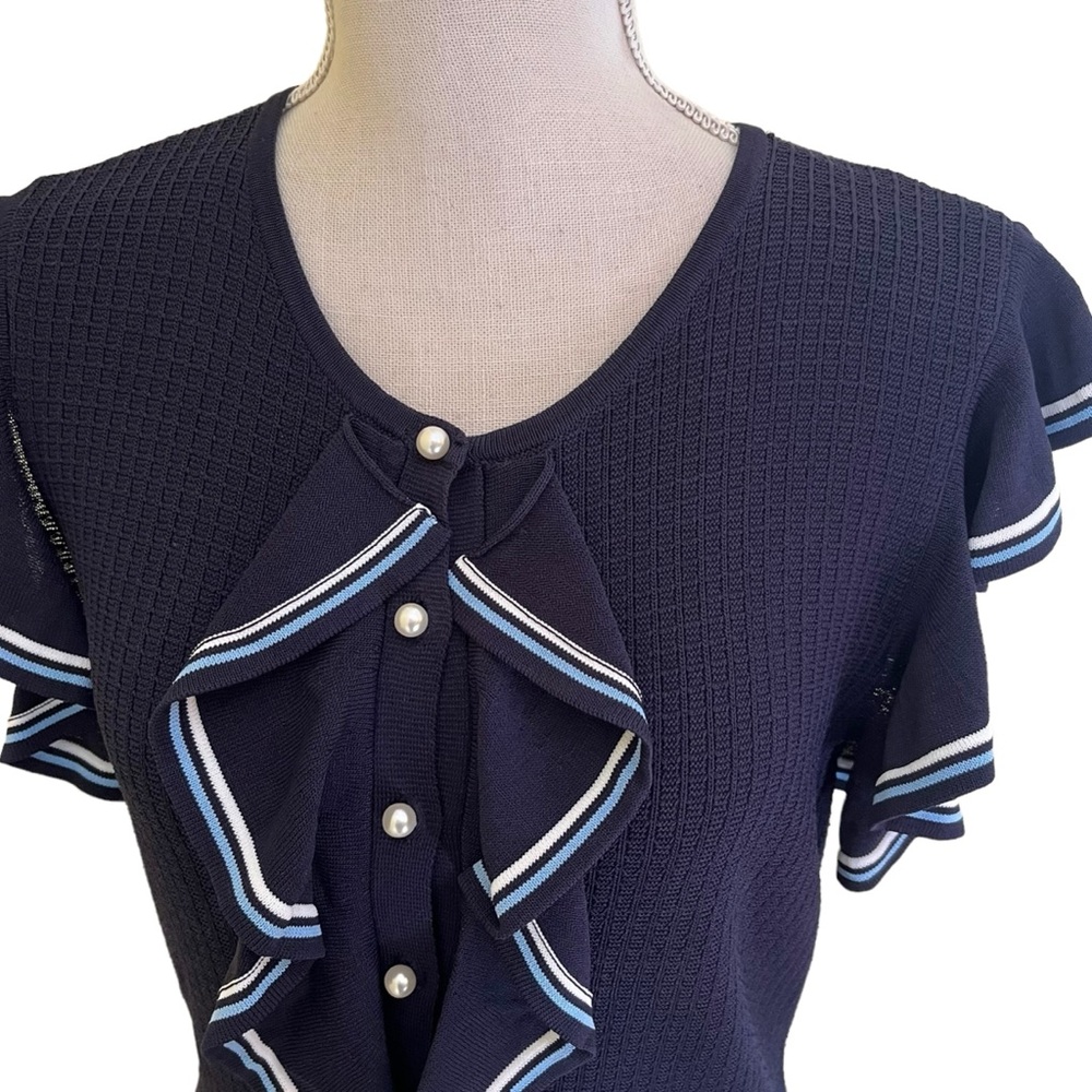 Lela Rose Pearl Navy Blue Ruffle Front Pearl Button Knit Dress L - Picture 5 of 16